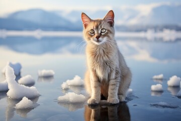 Obraz premium Portrait of a funny javanese cat while standing against backdrop of a frozen winter lake