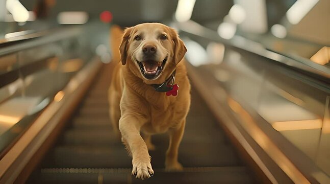 A golden retriever running down from on the escalator happily 