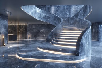 Futuristic staircase with sleek design and soft lighting, creating an artistic and modern architectural element in a high tech environment