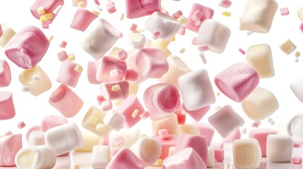 delicious marshmallows flying and cut out on white background food photo