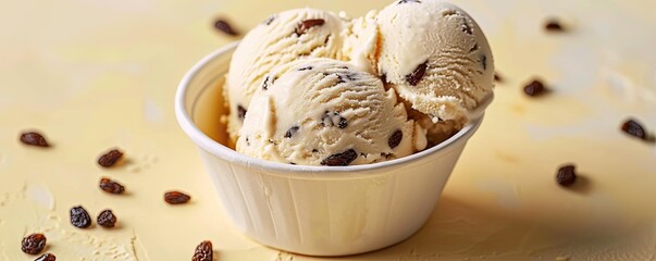 Rum raisin ice cream in a cup on a pastel yellow background, rich and flavorful