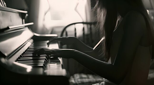 Black and white footage of a girl playing on piano 