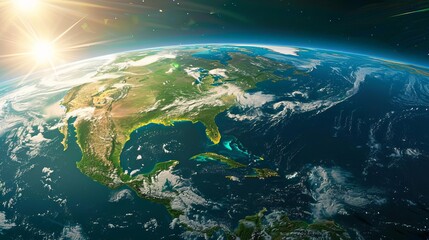 detailed view of earth focused on north america with the sun illuminating the planet 3d space illustration