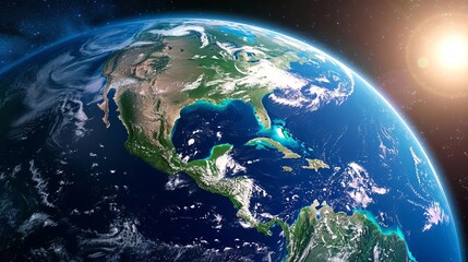 detailed view of earth focused on north america with the sun illuminating the planet 3d space illustration