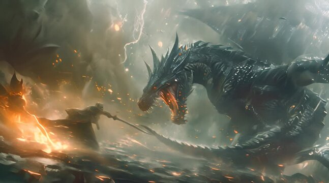 A dragon and a knight fighting in a storm, fantasy footage