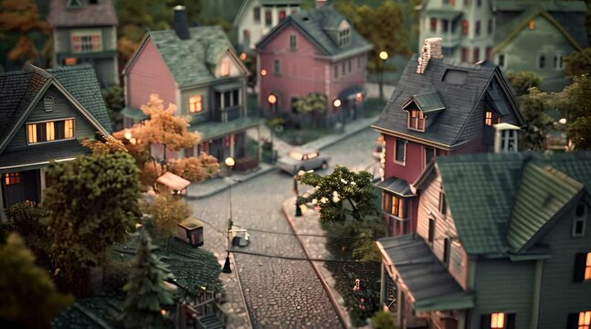 Cozy colorful English-style houses in a small town, zooming footage 