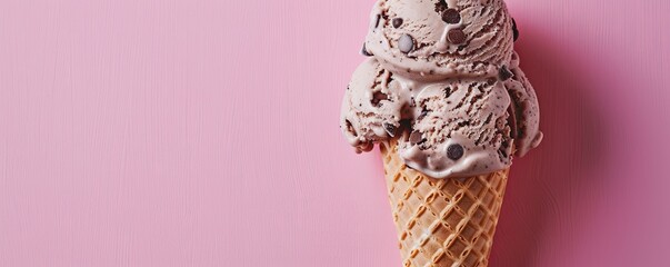 Mocha chip ice cream in a sugar cone on a vibrant pink background, rich and indulgent