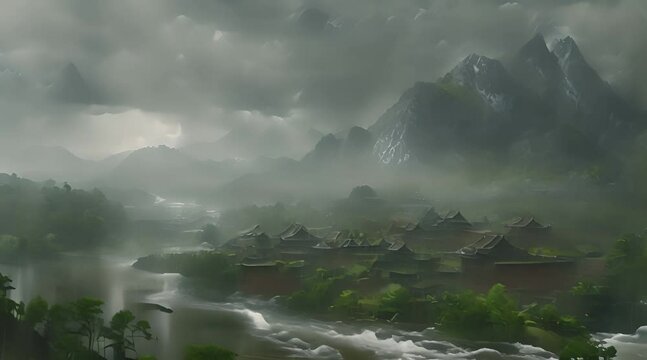 misty morning in the mountains with small town in the valley 