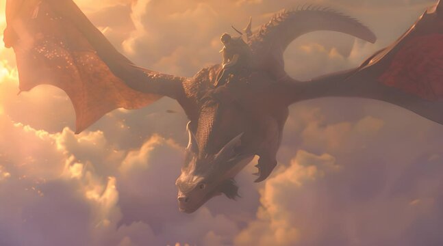Man flying on a dragon between the clouds in the fantasy fairytale