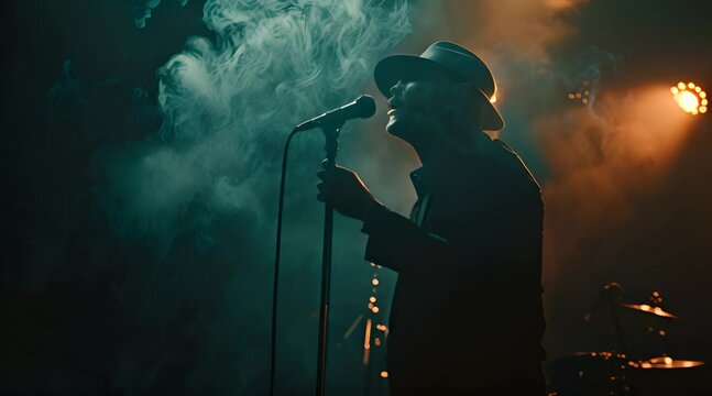 Man singing in the stage surrounded with foggy that makes it misterious