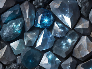 Blue and green gemstones sparkle amidst crystals, minerals, and diamonds in a radiant composition
