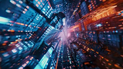 A close-up shot of a futuristic, dystopian cityscape merging with virtual reality elements, featuring unexpected camera angles