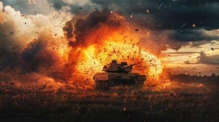 dramatic scene of tank exploding on battlefield intense military combat illustration aigenerated