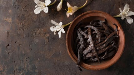 dried vanilla pods in terracotta pot with vanilla flowers food background