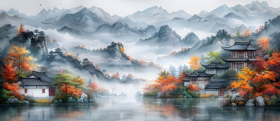 An autumn landscape with traditional Chinese buildings by a tranquil lake surrounded by colorful trees and misty mountains under a full moon all painted in a watercolor style 4.