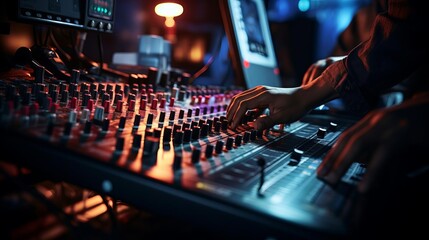 Producers hands on the mixing console in a recording studio