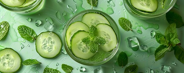 Fresh cucumber water with mint on a bright green background, hydrating and cool