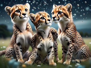 Obraz premium Stunning photo of two playful baby cheetahs posing alongside their graceful mother. The great cheetah In a field full of life and movement Combine the endless environment of the boundless and ethereal