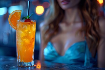 Glamorous cocktail with an orange slice and a blurred figure in the background, evoking a night out mood