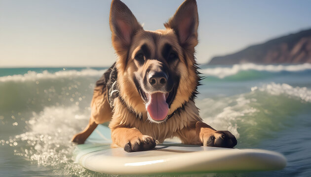 deutscher, Sch&auml;ferhund, surfend, auf, dem, surfbrett, hund, surfing, hund, welle, urlaub, meer, wasser, strand, urlaub, spass, surf, tier, sonne, sommerlich, spa&szlig;, Hawaii, neu, close up, cop space, ad