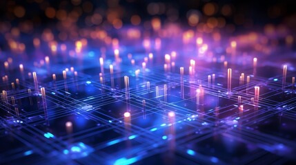 Quantum computing visualized abstractly with glowing fiber optics showing qubits and quantum states