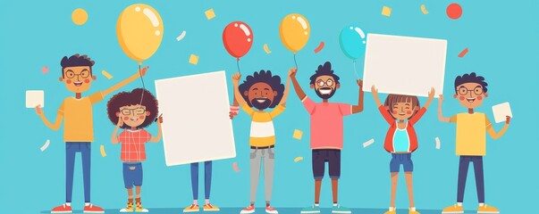 family celebrating a debt-free milestone, holding signs and balloons.