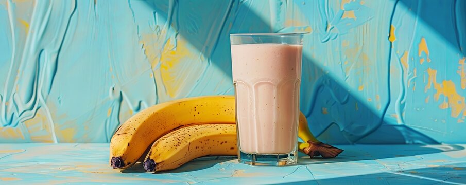 Banana smoothie with a pastel blue background, creamy and nutritious