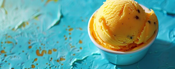 A scoop of passion fruit ice cream on a bright turquoise background, tropical and refreshing