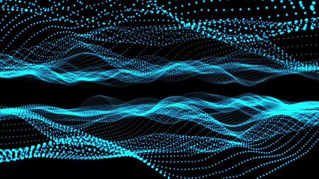 3D animation of blue particles forming a flowing wave pattern against a black background, creating a dynamic and futuristic visual effect