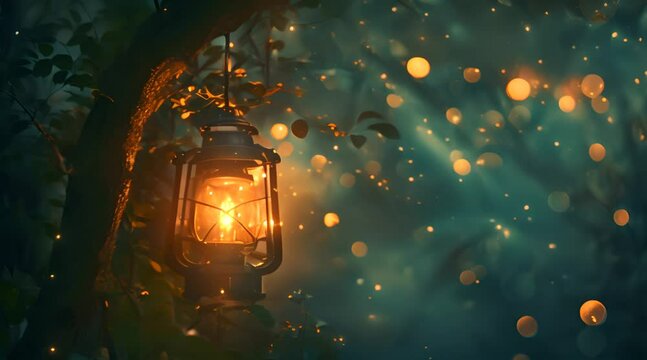 Cozy lantern hanging on the tree with warm bokeh lights in the night