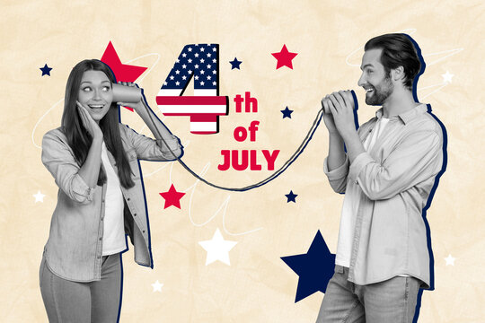Collage 3d pinup pop retro sketch image of funny couple talking toy phone celebrating 4th july isolated painting background
