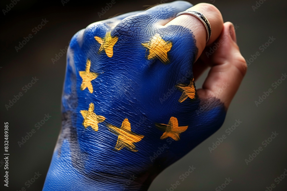 Wall mural a clenched fist painted in the colors of the european union flag – a blue background with yellow sta