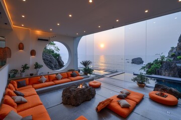 Modern patio with orange seating and panoramic ocean view at sunset, creating a luxurious and relaxing environment