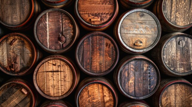 Background of weathered wooden wine barrels, ideal for winery themes