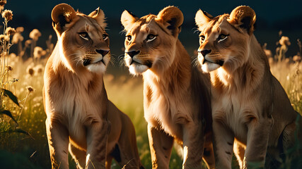 Stunning pictures where two playful little lions stand side by side with their graceful mother.  great lion  In a field full of life and movement  Combine the endless environment of the boundless and 