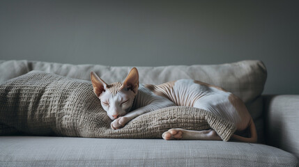 The Sphynx cat sleeps relaxedly on a minimalist sofa in gray color, highlighting the unique hairless fur of the Sphynx cat and contrasting with the clean sofa. Ai generated images