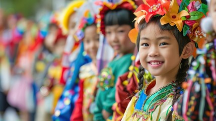 Fototapeta premium Children of various ethnicities participating in a holiday costume parade, cute and colorful scenes