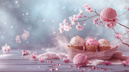 Ice cream with fruit fillings. Summer illustration. Fruit dessert.