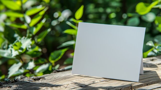 An empty white card standing on a rustic wooden table with a garden background. The natural lighting and greenery provide a serene setting for text or branding.