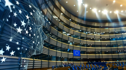 Symbols for Upcoming European Parliament Elections, European Union flag motif against a backdrop of multiple waving EU flags
