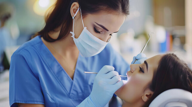 A female dentist in a blue uniform is performing dental treatment on a beautiful woman patient with dark hair.