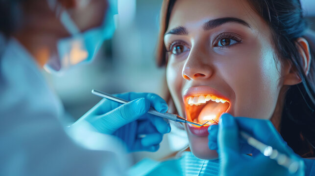 Dental clinic scene, a female patient in the dentist's chair with her mouth open for cleaning while the dental doctor is holding an electric tool - Powered by Adobe