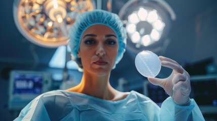 Naklejka premium Surgeon in the operating room holds a sterile breast silicone implant