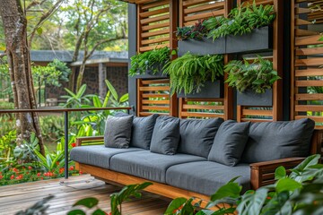 Modern terrace with vertical garden and comfortable seating, creating a green and relaxing urban space