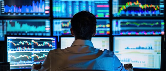Detailed shot of a trader analyzing stock market graphs on multiple monitors, great for illustrating financial analysis