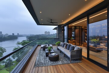 Modern balcony with panoramic city view, featuring wooden flooring and comfortable seating, creating an urban oasis