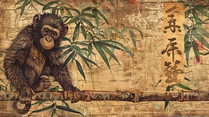 Monkey and bamboo illustration with grunge texture for chinese new year