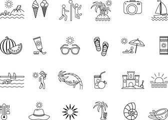 Summer Icons Set. Vector Icons of Beach, Sun, Beach Volleyball, Watermelon, Luggage, Ice Cream, Hot, Pool, Sunglasses, Coconut, and Other
