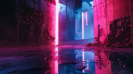 A futuristic wasteland, neon lights reflecting off abstract shapes, digital art with a wide-angle lens Unconventional camera angles create a dramatic sense of unease