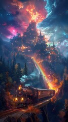 Fantasy scene with a train chugging along a brilliant rainbow, connecting distant, mystical lands